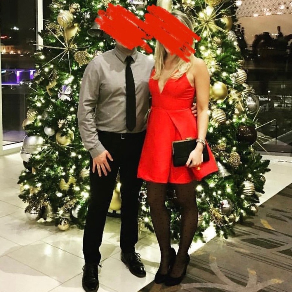 Red Fit and Flare Dress, Deep Cut
